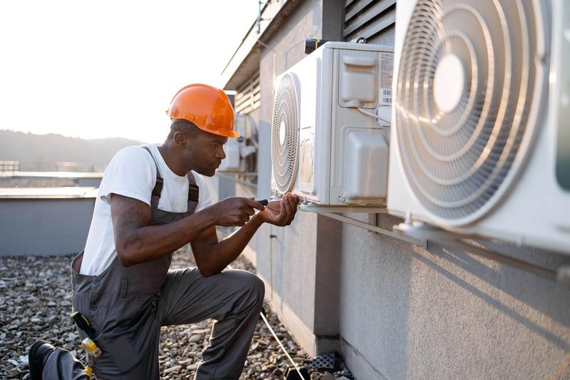 Technician servicing a wall-mounted air conditioning unit